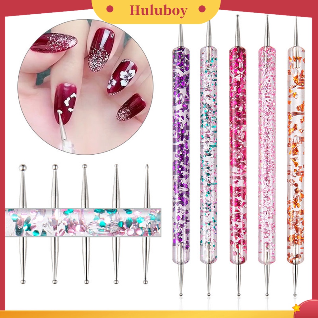 Huluboy Huluboy♡ 5pcs / Set Dotting Pen Kepala Ganda Bahan Akrilik UV Gel Motif Print Bunga Untuk Manicure