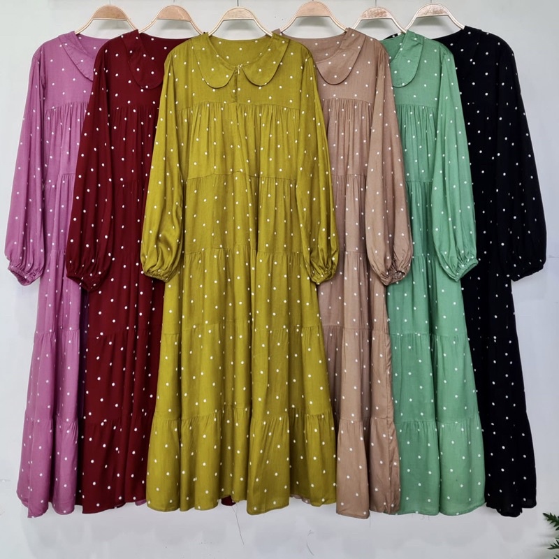 G667 Polkadot Long Tunik Midi Dress Jumbo | Gamis Mini Dress Salur | Atasan Wanita Susun Polos Rayon Premium | Maxy Dress Qiqi Busui Friendly | Korean Babydoll Dress | Maimon Grosir