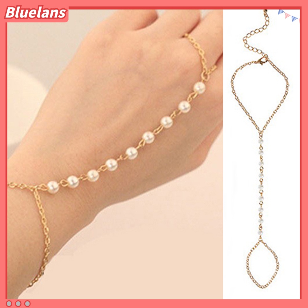 Bluelans Women Fashion Faux Pearl Bracelet Link Finger Ring Hand Chain Harness Jewelry