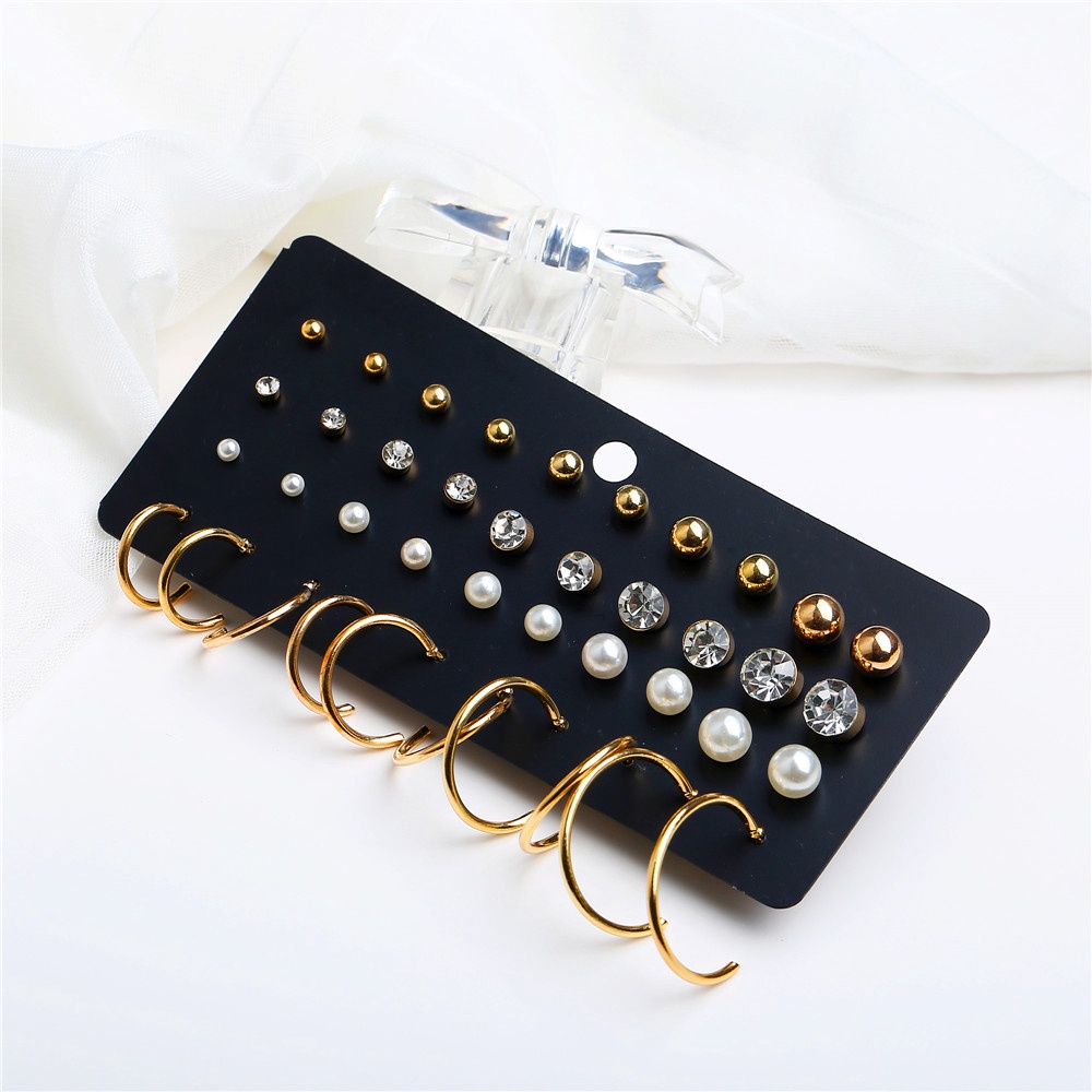 40PCS/SET Anting Tusuk Bentuk Bulat Hias Mutiara Kristal Untuk Wanita Import / Anting Wanita Murah G