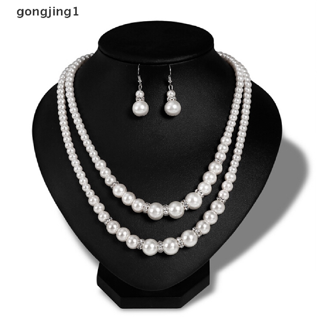 Set Perhiasan Kalung Anting Rantai Ganda Aksen Mutiara Simulasi Untuk Wanita