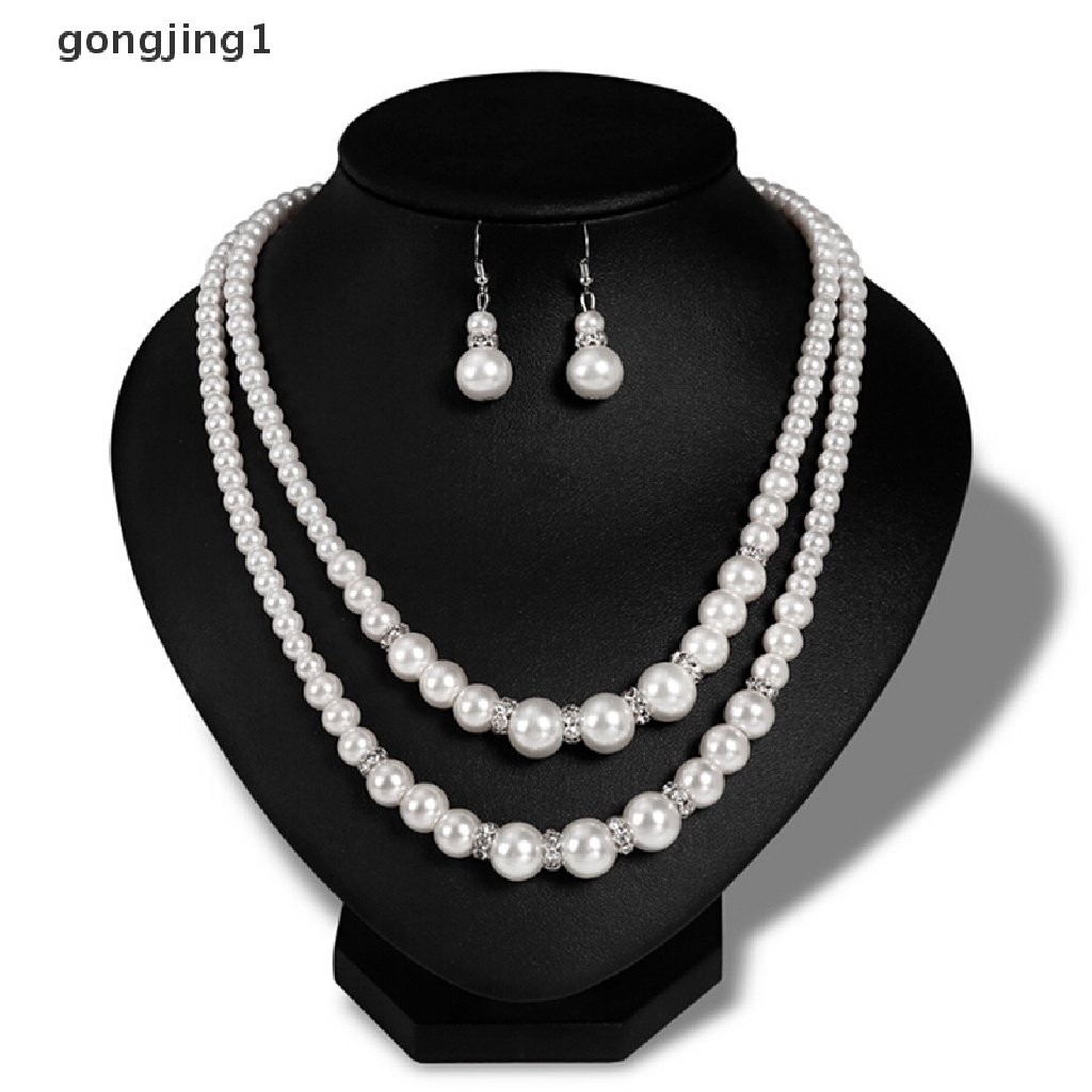 Set Perhiasan Kalung Anting Rantai Ganda Aksen Mutiara Simulasi Untuk Wanita