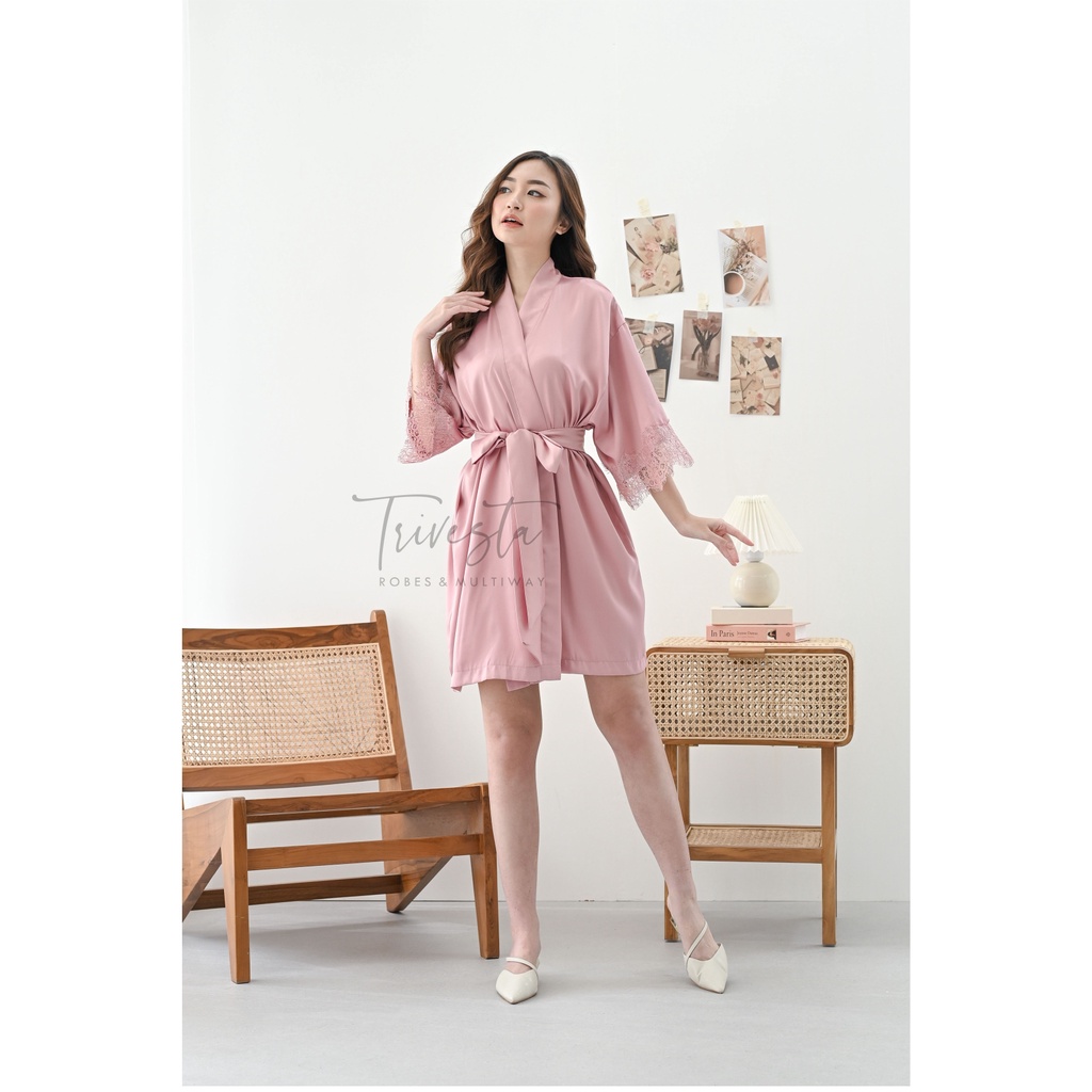 Helena Robe in Dusty Pink -KIMONO PENGANTIN / BRIDESMAID SATIN  &amp; BROKAT  + FREE BORDIR (TULISAN BEB