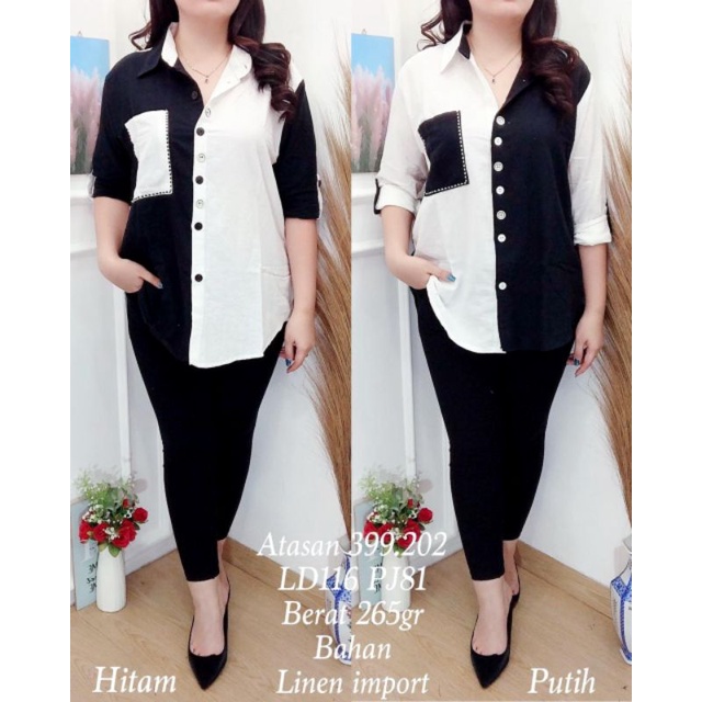 ATASAN 399.202 BLUS KEMEJA HITAM PUTIH  LINEN IMP