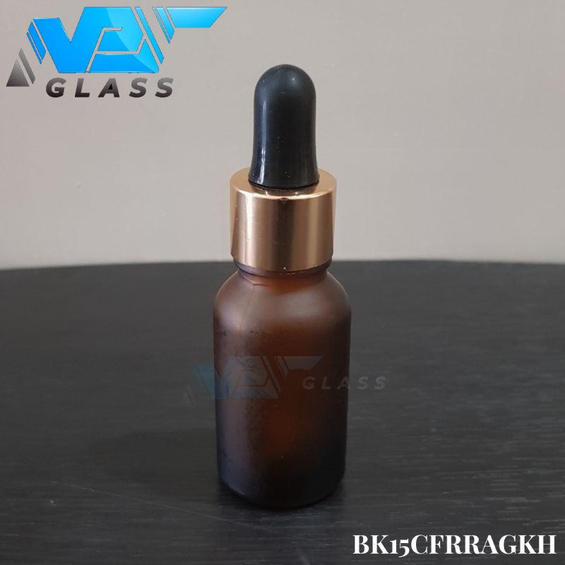 botol kaca pipet 15ml amber coklat doff / frosted - ring almunium gold