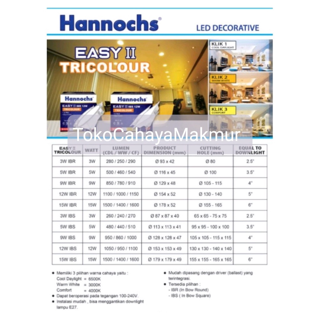 Lampu LED Downlight Hannochs Easy II IBS Square Segi 9w 9watt Tricolour