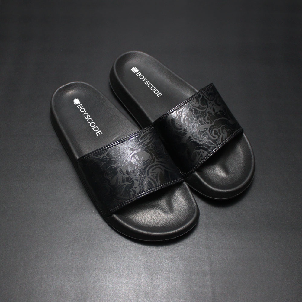 Sendal Selop Pria Wanita Distro Boyscode Dragonforce Motive Fullblack/ Sendal Slip On Pria / Sendal Slide Pria