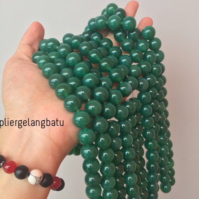 bahan batu akik giok hijau tua green jade 14mm gelang kalung natural kado orangtua pacar acara