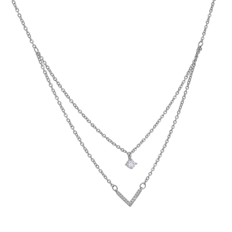 Kalung Rantai Klavikula Bentuk V Model Lapis Ganda Bahan Zirkon Gaya Korea Retro Untuk Wanita