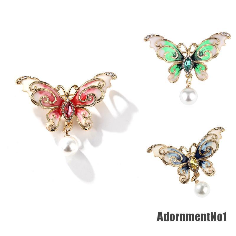 (Adornmentno1) Bros / Pin Butterfly Enamel Hias Mutiara + Berlian Imitasi Untuk Wanita