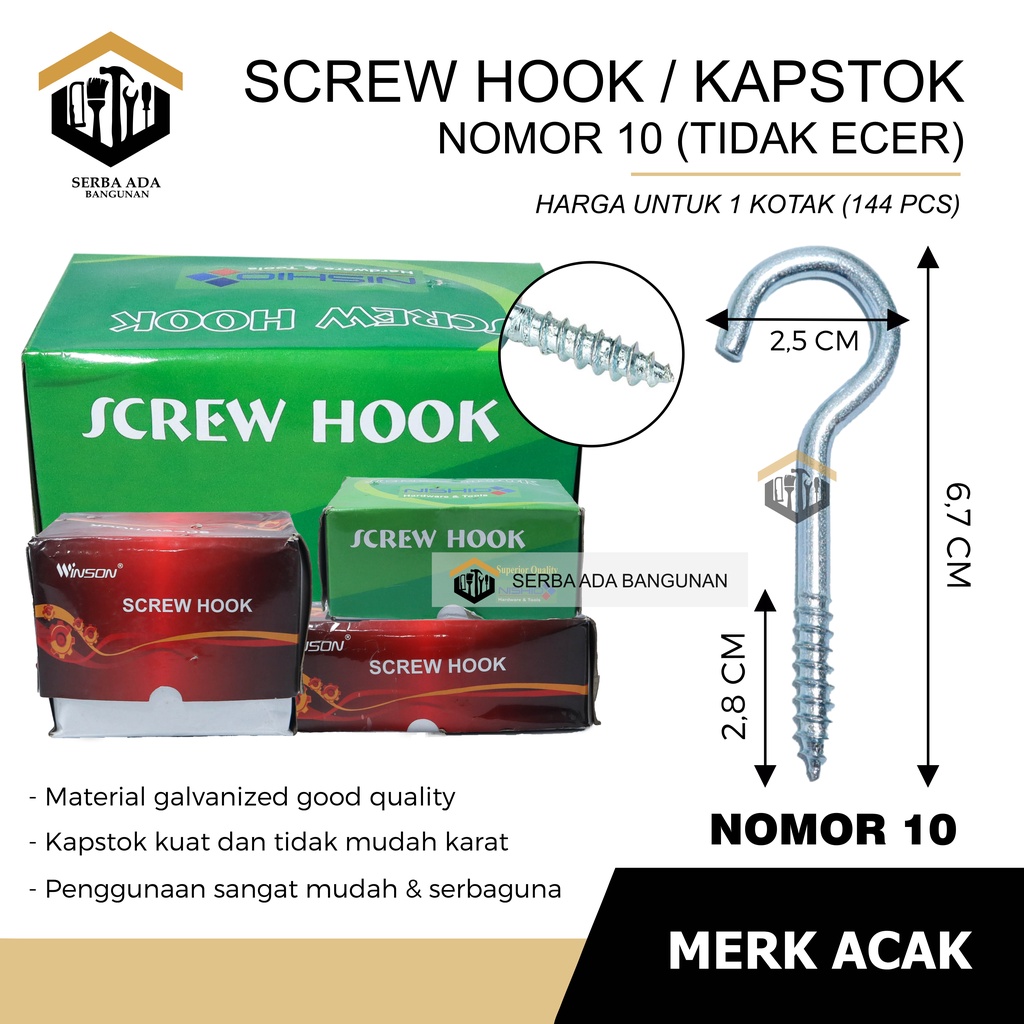Kapstok Buka No.10 - 1 kotak isi ±144pcs | Baut Gantung Besi | Gantungan Burung | Hook Skrup | Sekrup Tanda Tanya