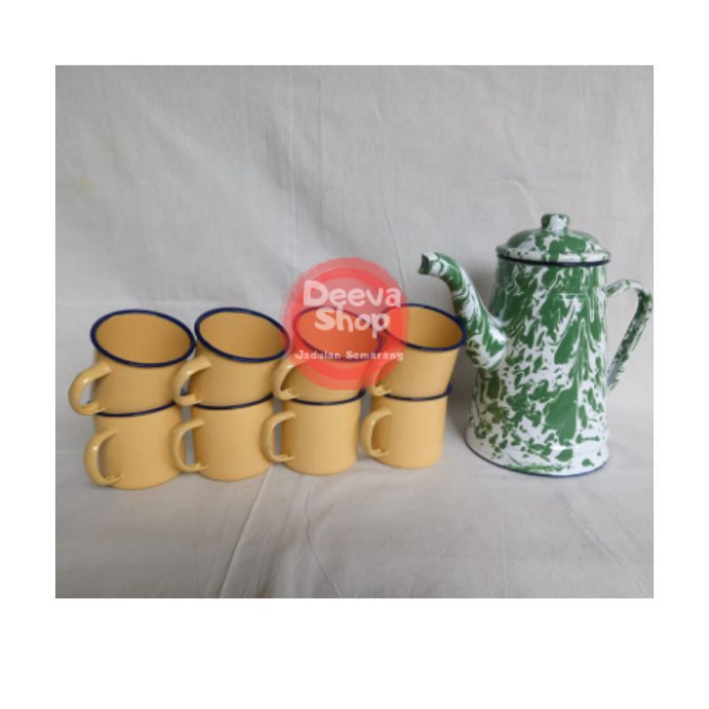 Teko Set cangkir 7cm  enamel 8pcs / jadul / antik FREE Bubble wrap Termurah
