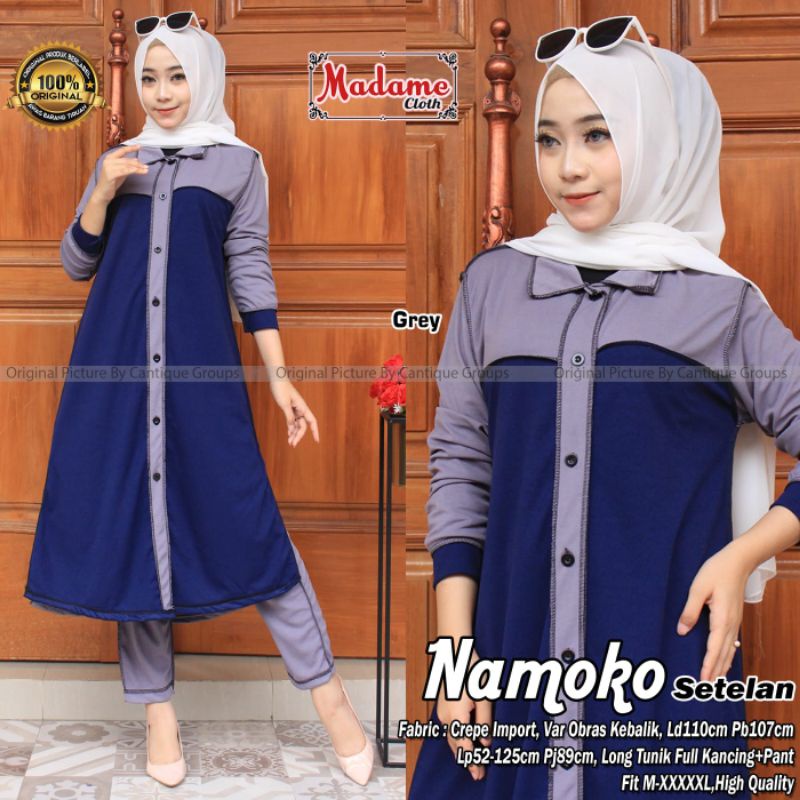 Namoko Setelan Pakaian Wanita Setelan Long Tunik Full Kancing + Pant Fab Crepe Import High Quality