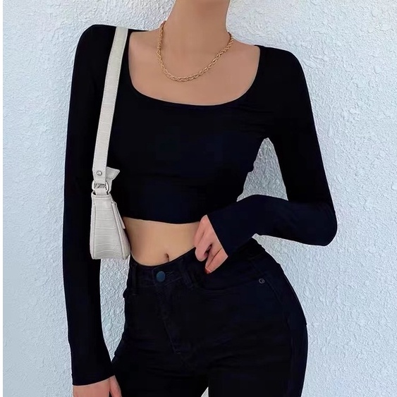 Long Sleeve Scoop Neckline Crop Top Atasan Wanita 1432 (S-XL)