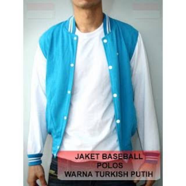 Sweater_id Jaket Baseball Turkis-Putih Polos Unisex