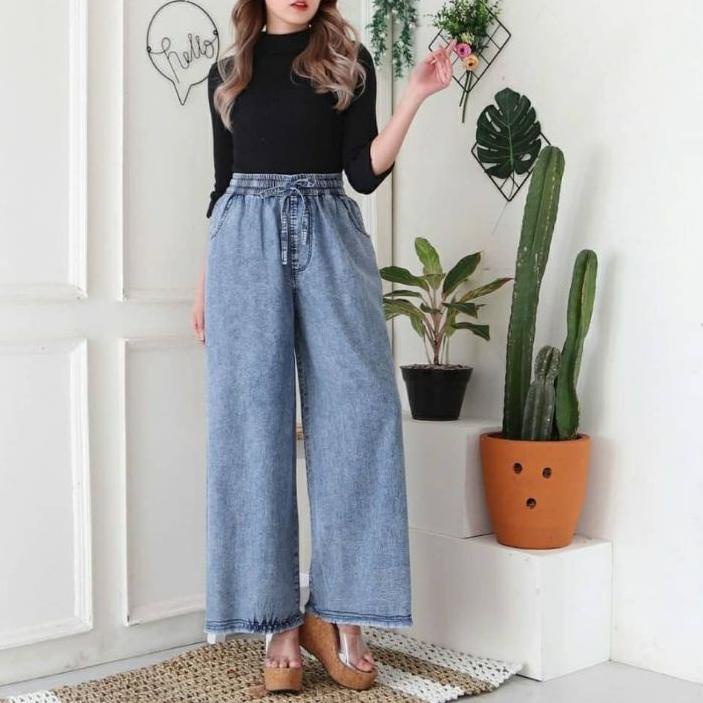 Termurah (xvf-288) Jeans kulot rawis - kulot Jeans tali pinggang  - pinggang karet - bahan denim