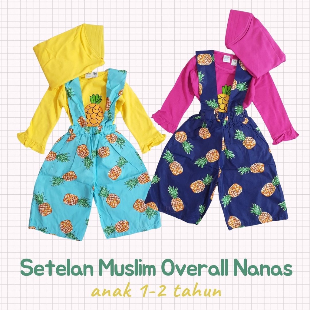 Baju Muslim Anak Perempuan Cewek Nezumi Nanas Katun Overall