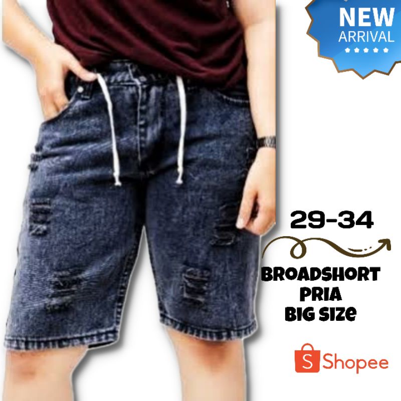 Broadshort pria big size-celana jeans pendek sobek santai distro