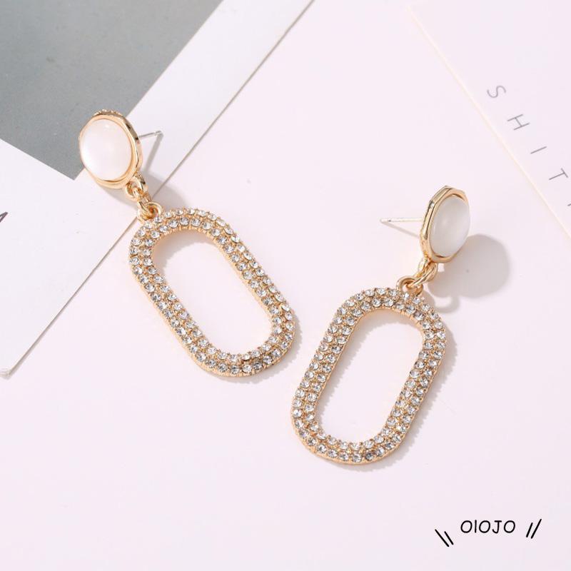 Anting Tusuk Gantung Desain Geometri Hias Opal + Berlian Berkilau Untuk Wanita ol2