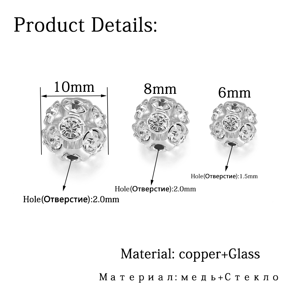 10pcs Manik-Manik Bola Kaca Kristal Berlian Imitasi Lapis Tembaga Untuk Membuat Perhiasan Gelang