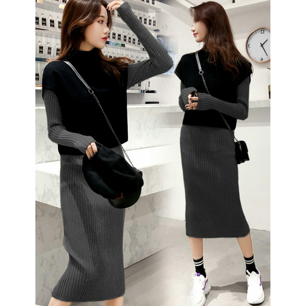 Dress Eeficaa + Cardi - Dress Rajut Wanita Terbaru - Dress Lengan Panjang