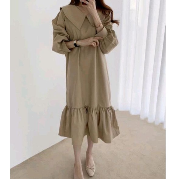 87810 Baju Mididress midi dress dropwaist lengan panjang ala Korea Korean style hitam mocca cewek ba
