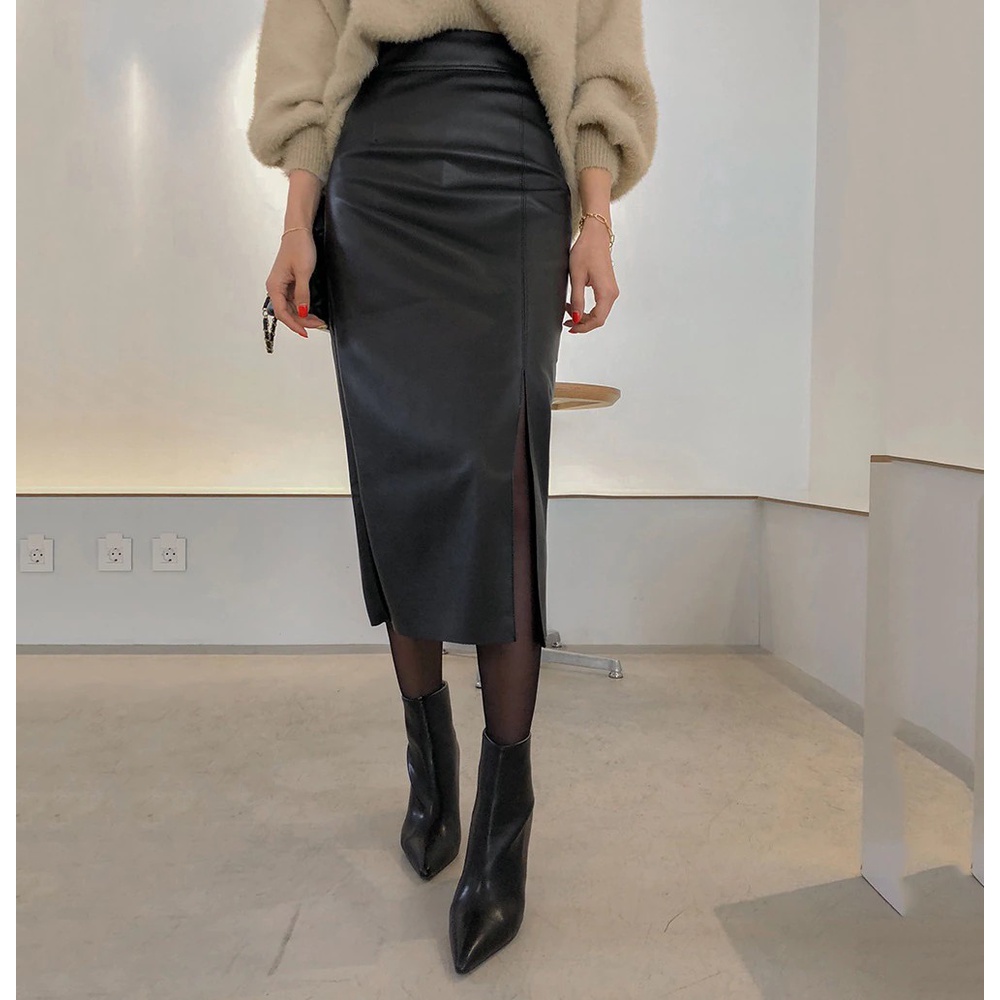 Rok Span Kulit Pensil Hitam Panjang Musim Gugur Wanita