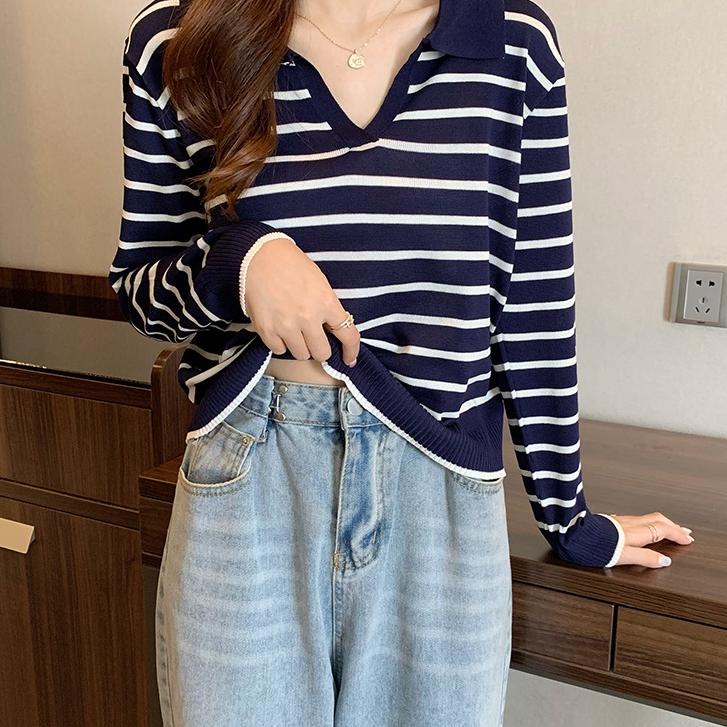 Model baru - Sweater Rajut Crop Garis-garis Leher-v Lengan Panjang Rajut