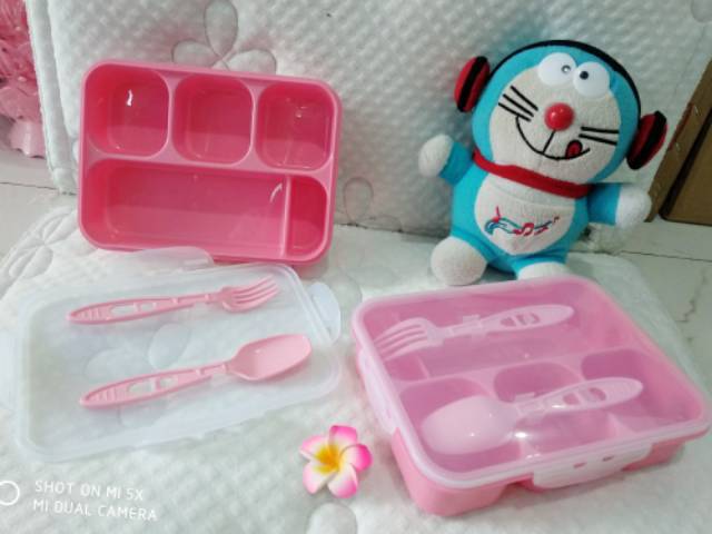 Lunch box/ Tempat makan sekat 5 sendok garpu  pink golden lemon termurah