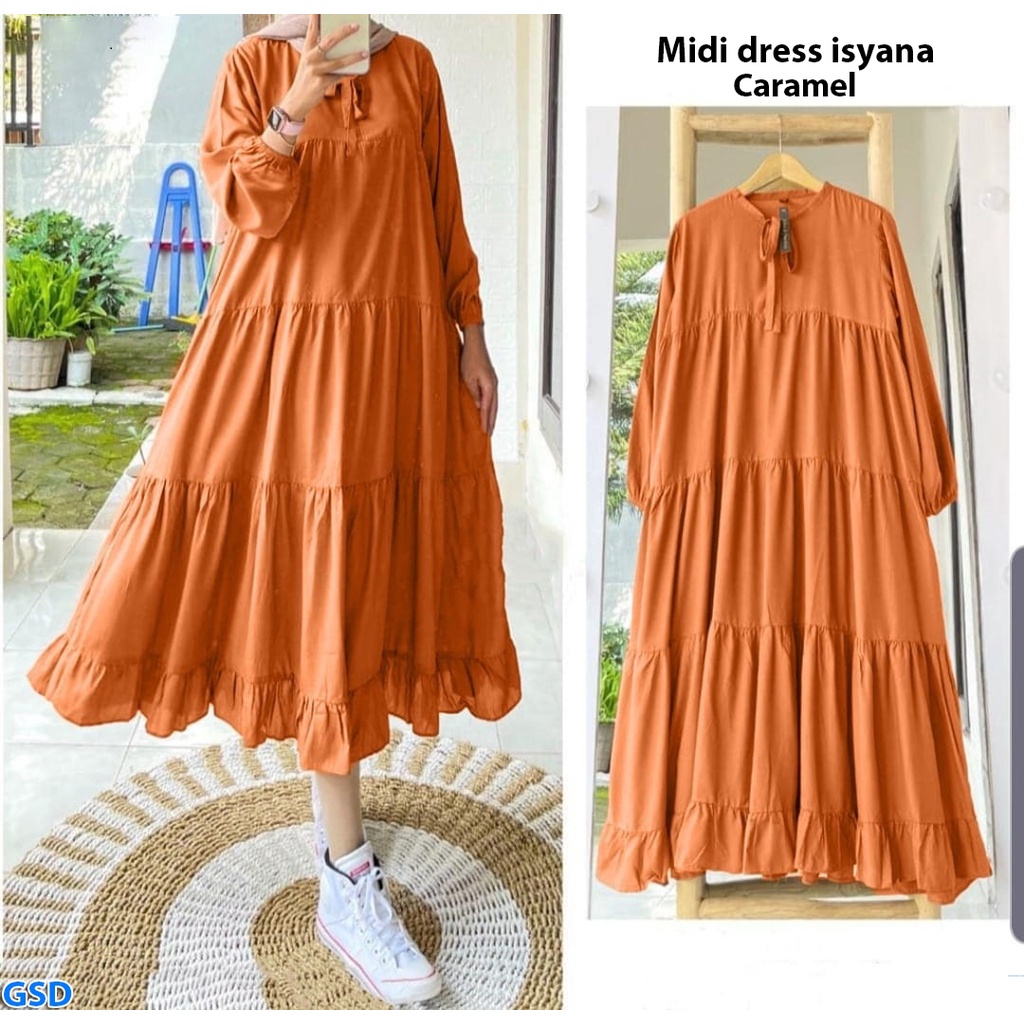 Isyana/Gaun Muslim Dress Midi Wanita Rample Polos Lengan Panjang Bahan Moscrepe Size L