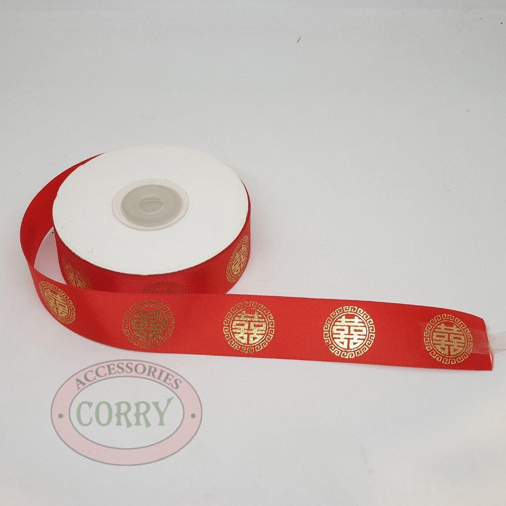 

Pita Merah Shuang Xi Wedding Sangjit Perkawinan Gold 2.5 Cm 15m Rol Emas Kain