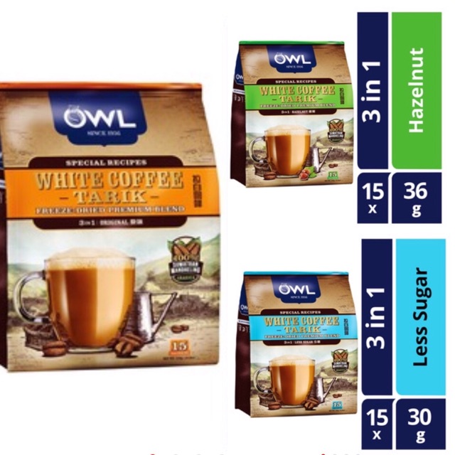 Owl 3 in 1 Instant White Coffee Tarik Hazelnut - Owl Kopi Tarik