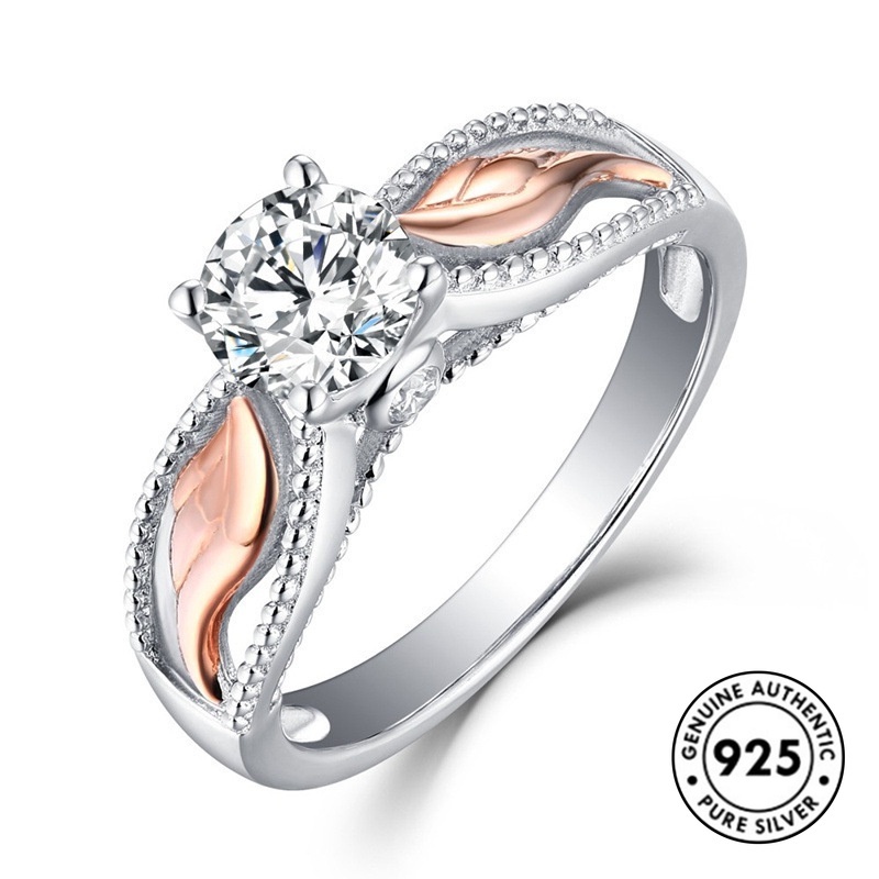 Cincin Desain Sayap Malaikat Aksen Berlian Bahan S925 Silver Warna Rose Gold