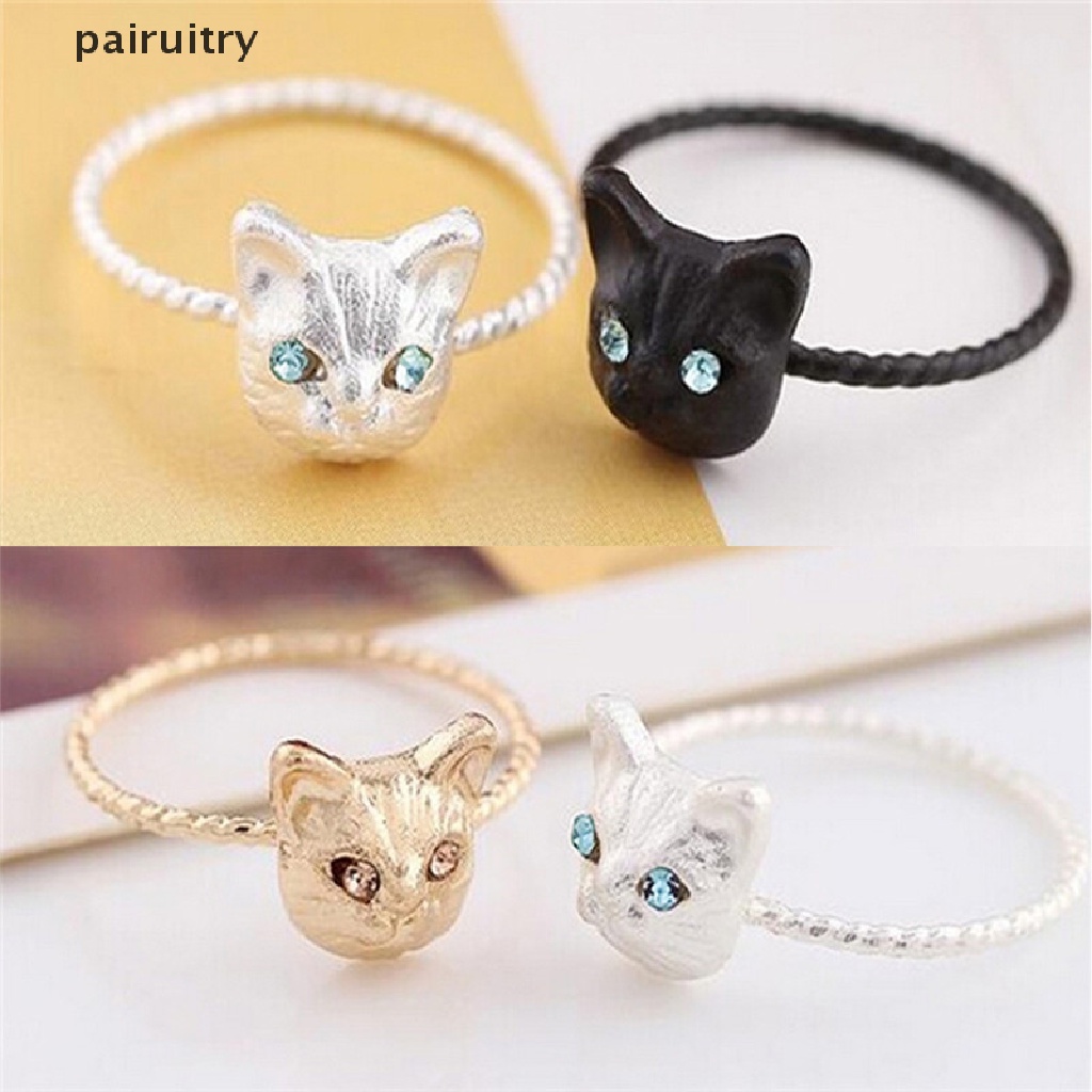 Prt 1Pc Cincin Bentuk Kucing Mini Aksen Berlian Imitasi Warna Hitamgoldsilver Untuk Wanita PRT