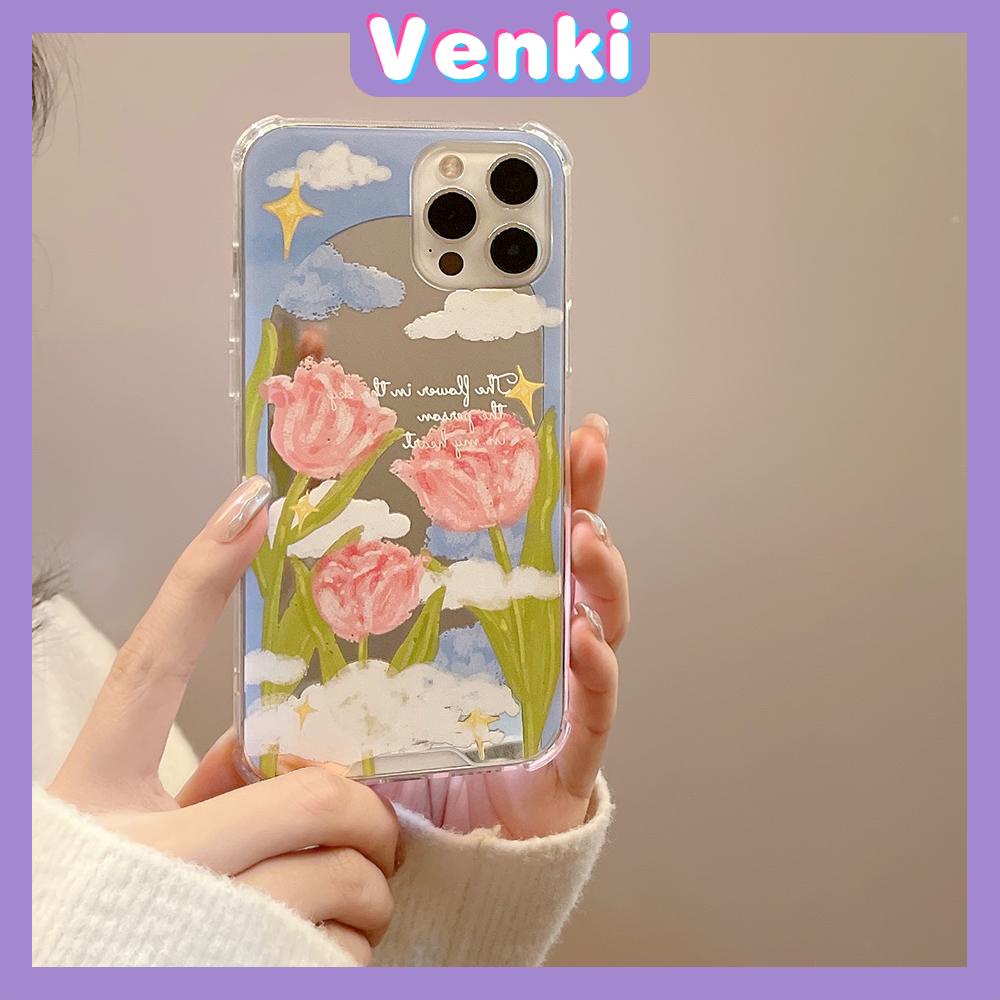 iPhone Case Acrylic HD Mirror Laser Airbag Shockproof Protection Camera Cute Oil Painting Pink Flowers Compatible For iPhone 11 iPhone 13 Pro Max iPhone 12 Pro Max iPhone 7 Plus xr