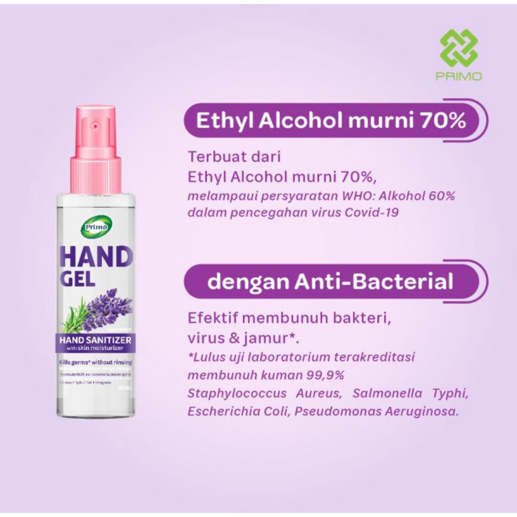 60ml PRIMO Hand Sanitizer Primo Alkohol 70% Hand Gel Spray Lavender