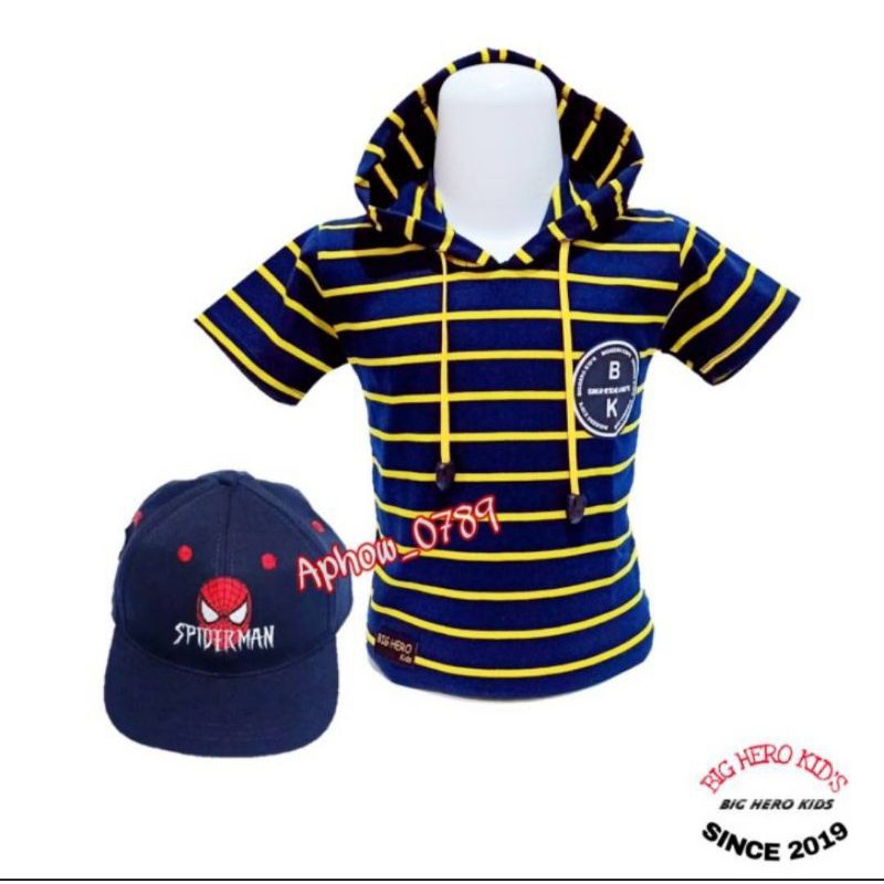 2in1 paket kaos Hoodie anak salur + topi bordir Spiderman