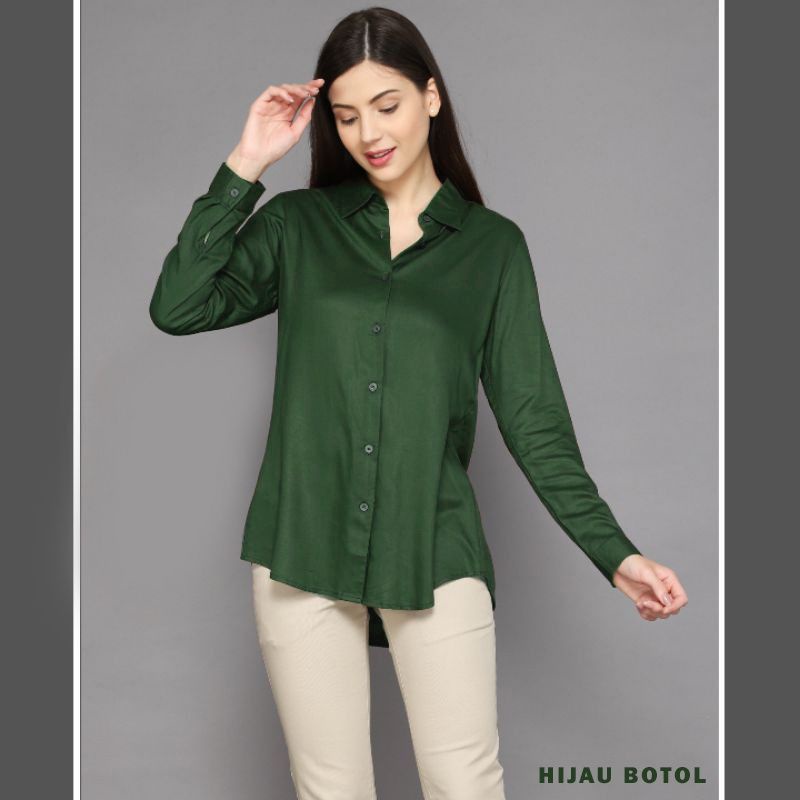 Kemeja Wanita Polos Putih Hitam Atasan Blouse Casual Lengan Panjang Basic Katun Rayon-Hijau Botol