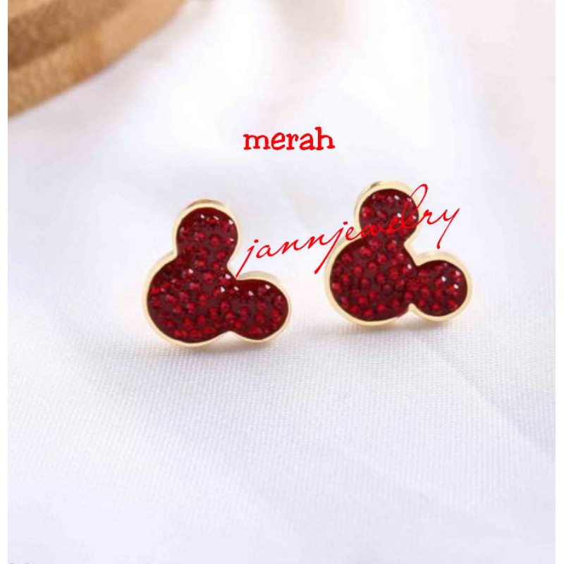 Anting Tusuk / Giwang Mickey Asli Titanium Full Permata Zircon Anti Karat &amp; Alergi