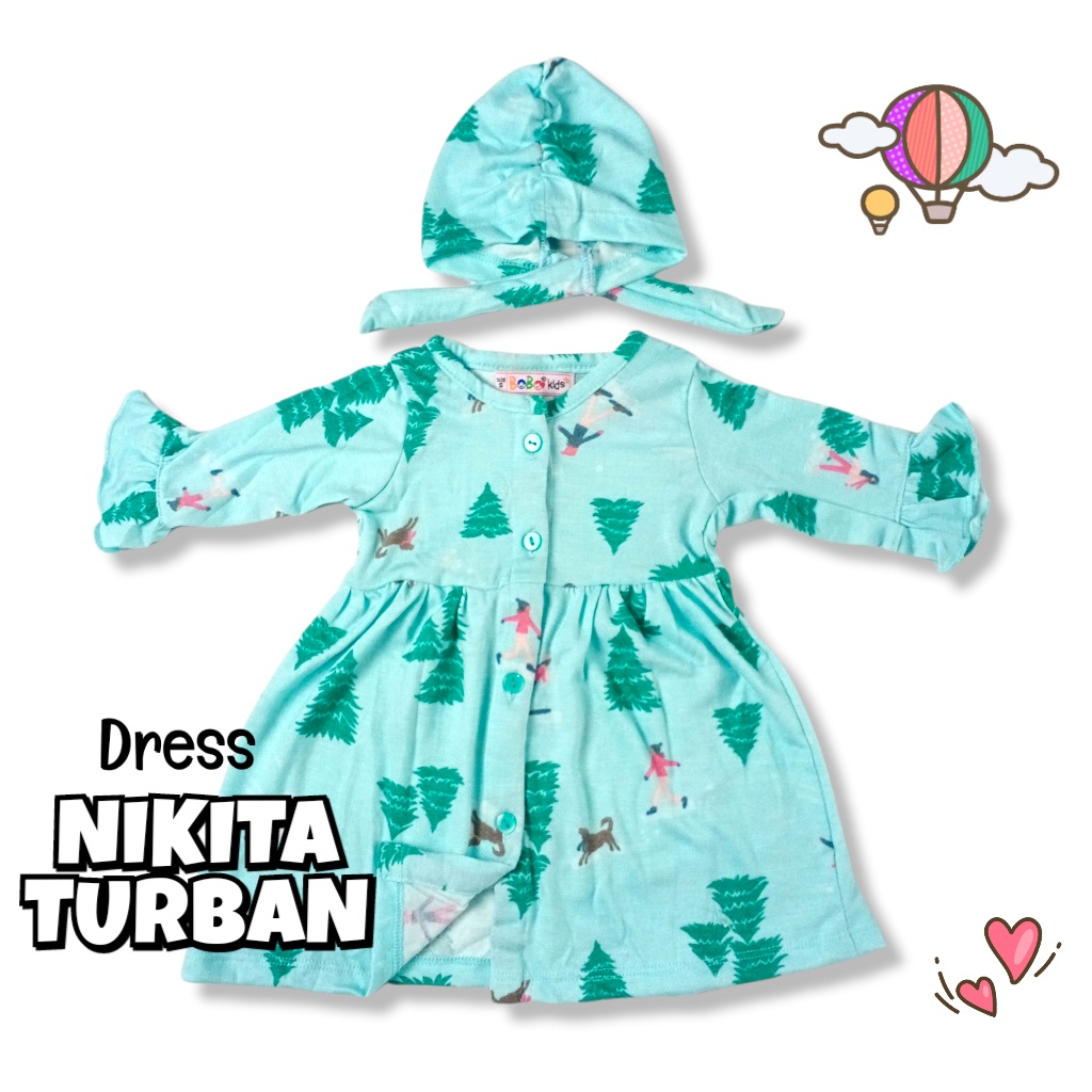 NIKITA 0 - 2 THN DRESS ANAK BAYI PEREMPUAN FREE TURBAN Baju Anak Bayi Perempuan Cewek Dres Baby Girl Nicta Bobo Kids-A ToscaTreePine