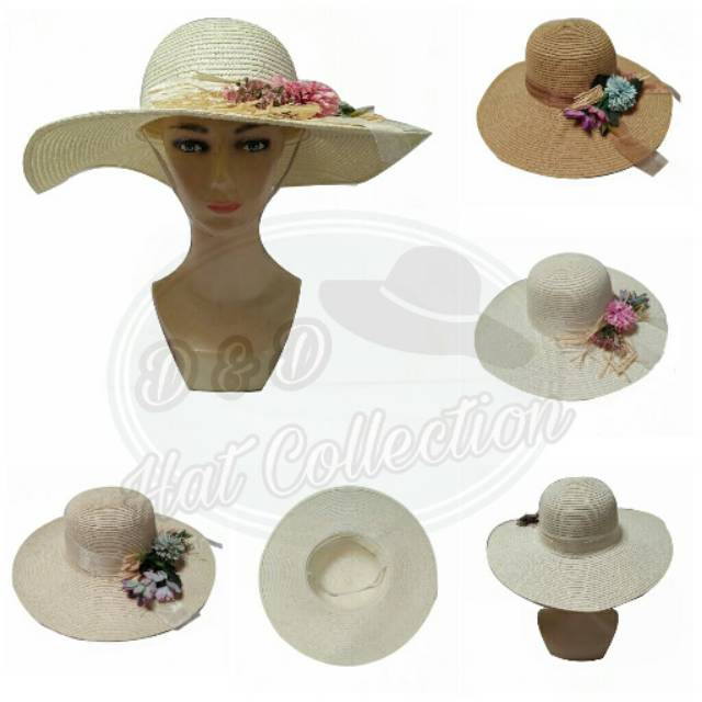 Topi Pantai Lebar Import Bunga Besar Topi Fashion Wanita