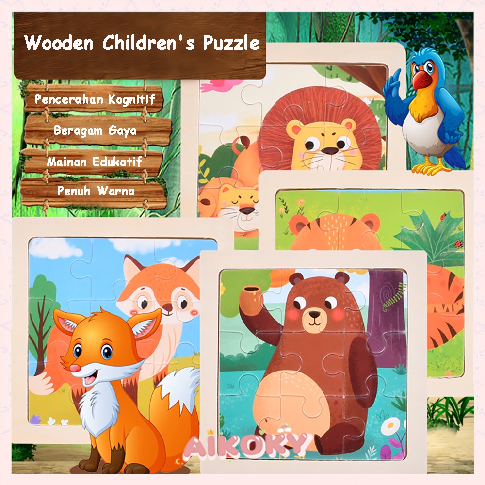 Aikoky Mainan edukasi anak puzzle kayu /Hewan kartun wooden toys