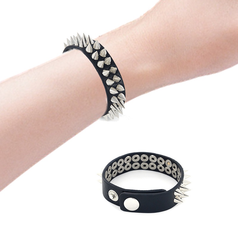 Fancyqube Gelang Bangles Bahan Kulit Warna Hitam Gaya Gothic Untuk Pria Dan Wanita