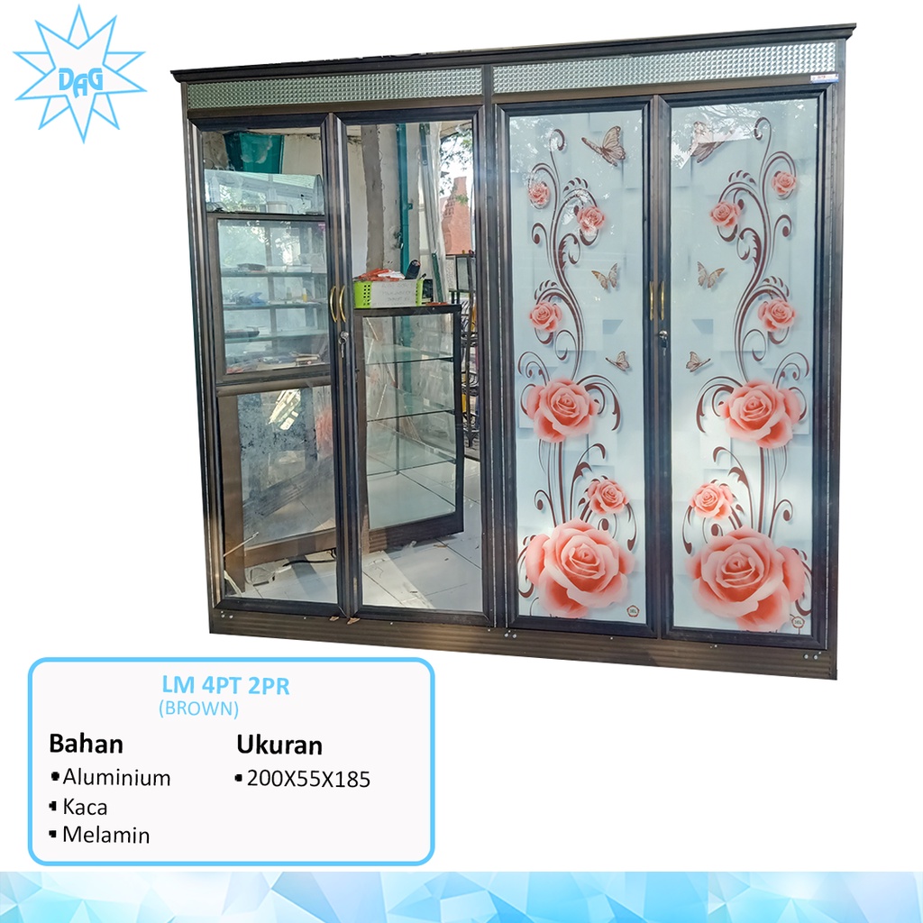TERMURAH lemari  baju kaca 4 Pintu 200x185 bahan alumunium frame coklat pintu kaca motif/lemari kaca
