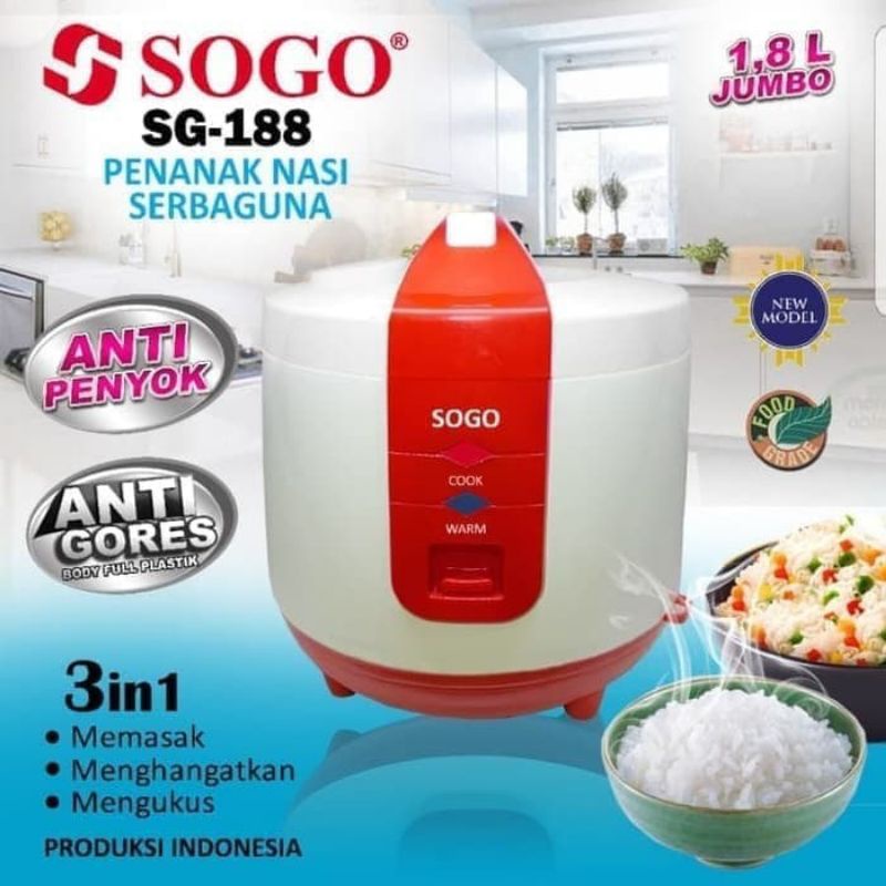 SOGO MAGIC COM 1.8liter 3in1 memasak mengukus dan menghangatkan