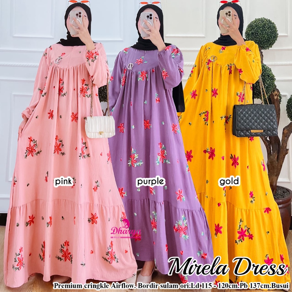 Dharya Mirela Dress Maxi Jumbo Motif Bunga Bahan Crinkle Airflow Premium Gamis Muslim Wanita LD 120