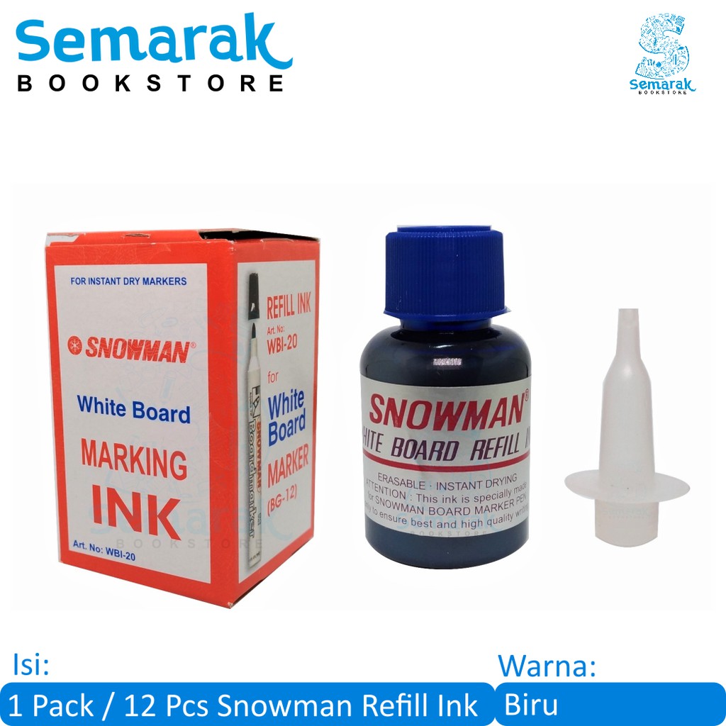 Snowman Refill Ink Isi Tinta Spidol Whiteboard Dapat Dihapus 20 ml - Biru [1 Pack / 12 Pcs]