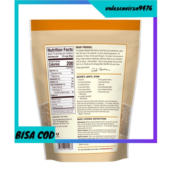 

⭐BISA COD⭐ Pearl Barley/Biji Jelai | Bob's Red Mill | 850g