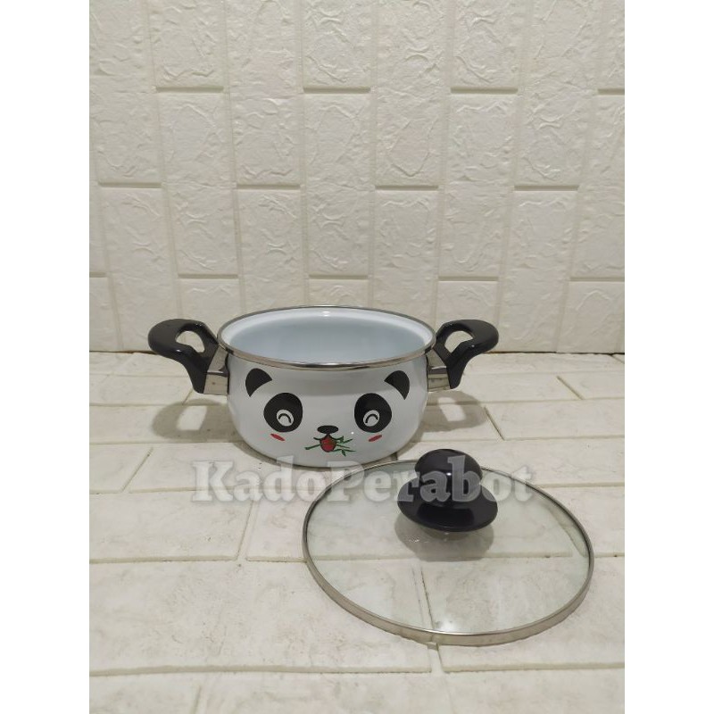 panci enamel panda 18cm - panci sop enamel- panci sop gagang tutup