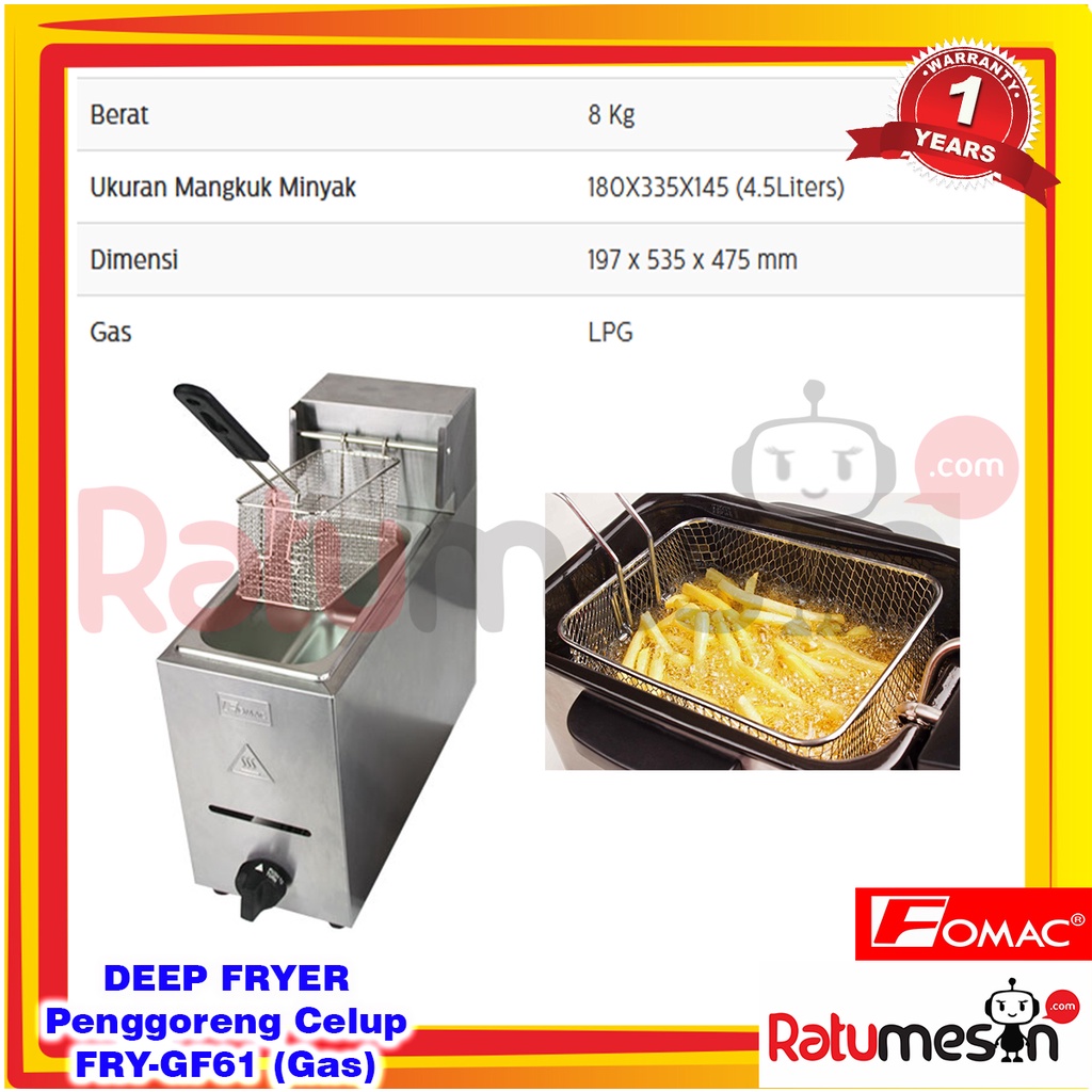 Jual Deep Fryer / Mesin Penggoreng Celup Gas 4,5 Liter FRYGF61 FOMAC